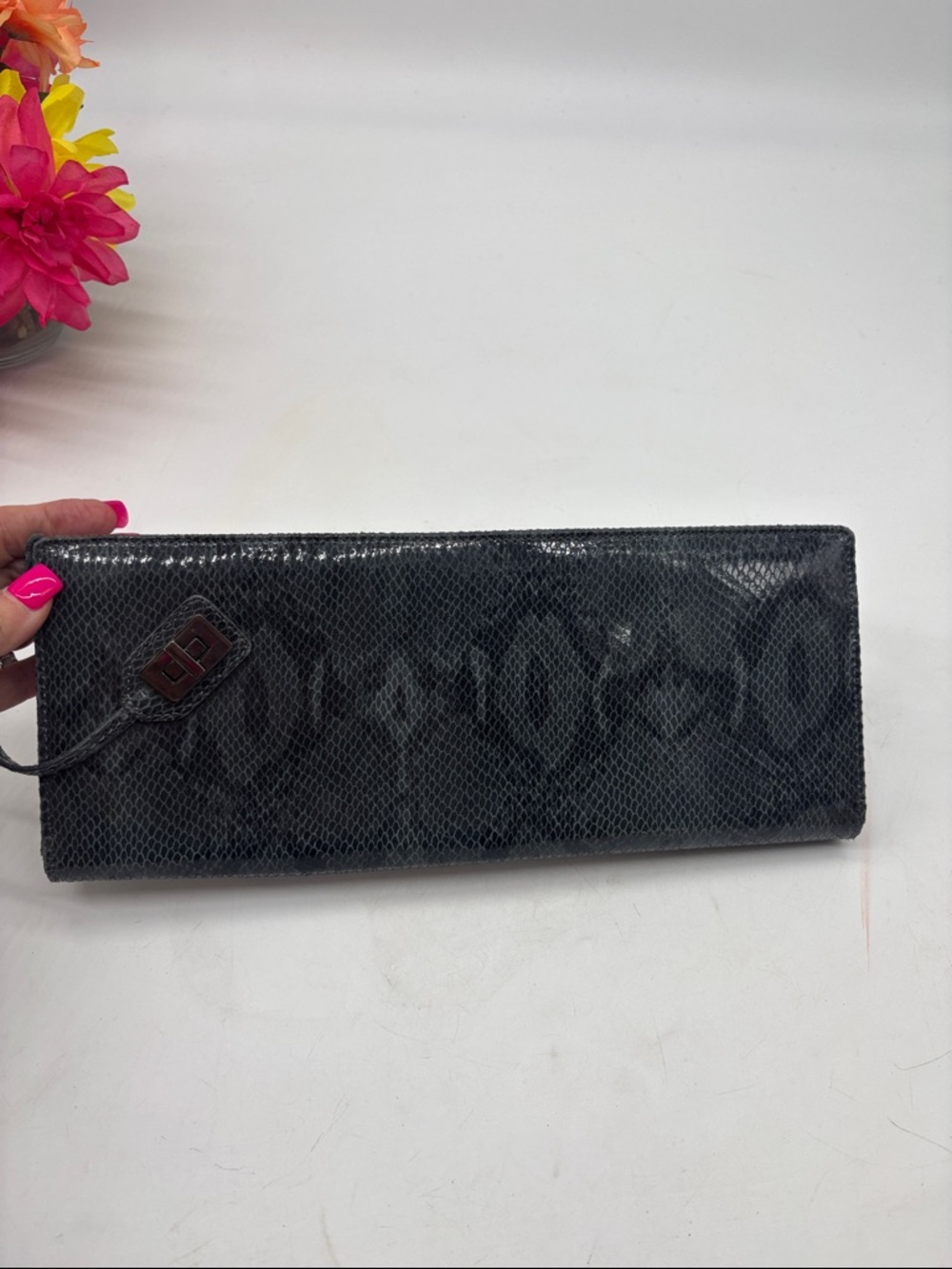 Perlina Gray Snakeskin Black Patterned Leather Clutch Wallet BP9951B